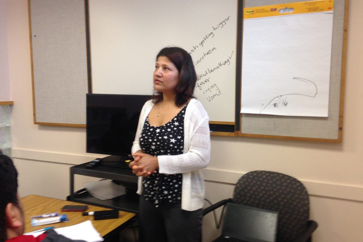 Photograph of a woman standing at the front of a classroom teaching.