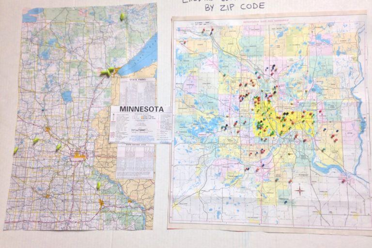 map of minnesota and twin cities titled "Exodus Lending Clients by zip code." Most pins are in the Twin Cities.