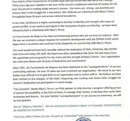 A letter from the President of Concertacion de Mujeres de Suchitoto to Mary's Pence. thanking them for all of their support in the last 30 years.