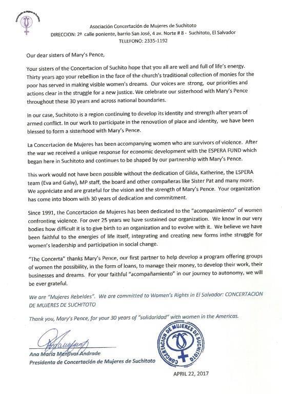 A letter from the President of Concertacion de Mujeres de Suchitoto to Mary's Pence. thanking them for all of their support in the last 30 years.