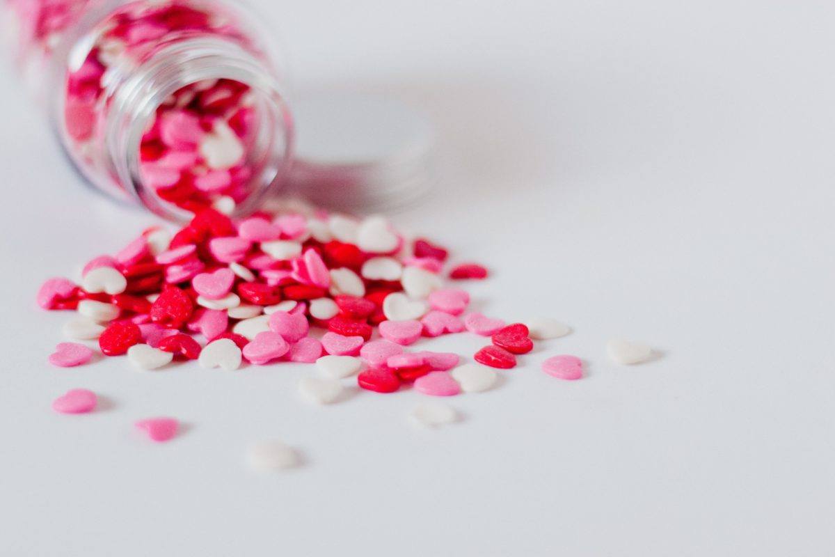 red, white and pink heartshaped sprinkles.