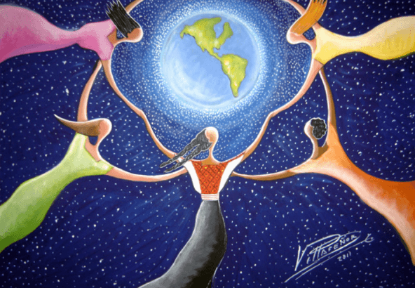 Image of women holding hands around the Earth.